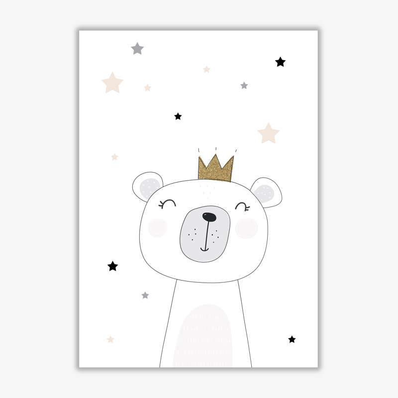 Scandi Cute Bear With Crown And Stars - Painting, No Frame, 85 cm H x 60 cm W x 1 cm D