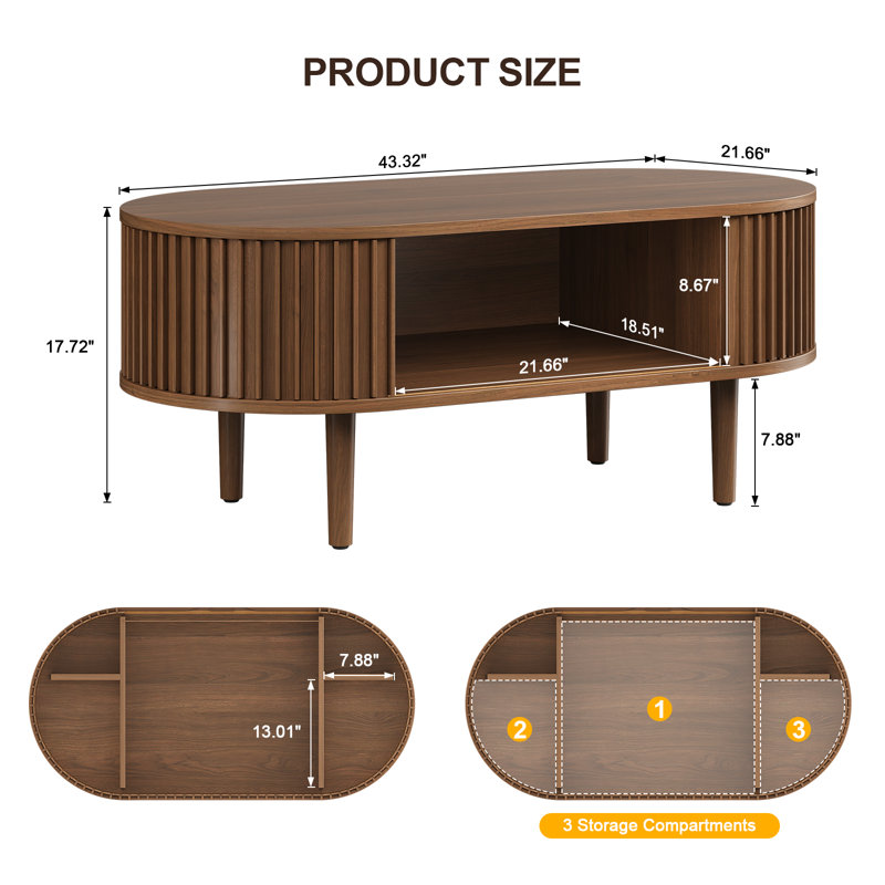 Table basse ovale de 43,4 po avec rangement dissimulé, table d'appoint cannelée avec portes coulissantes en tambour, Noyer