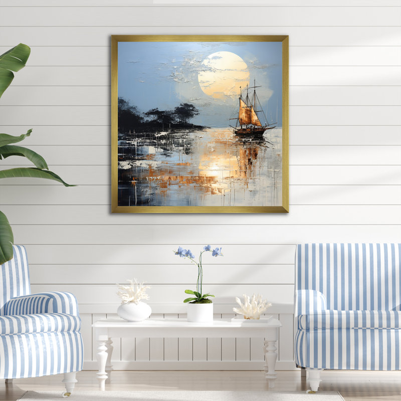 Minimalisme, paysage de pirate bleu et blanc I sur toile, H 16 po x l 16 po x P 1 po, Encadrement doré