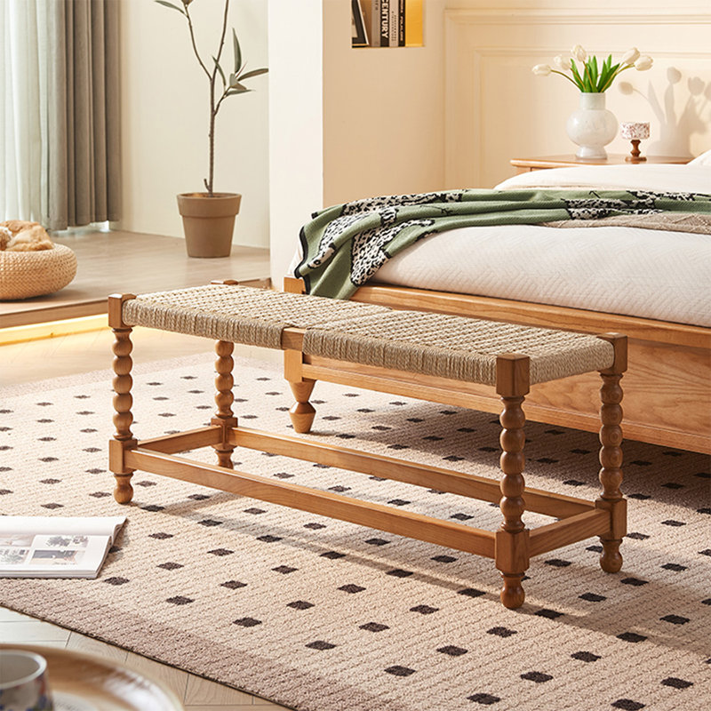 Beige Brown Solid Wood Linen Bench