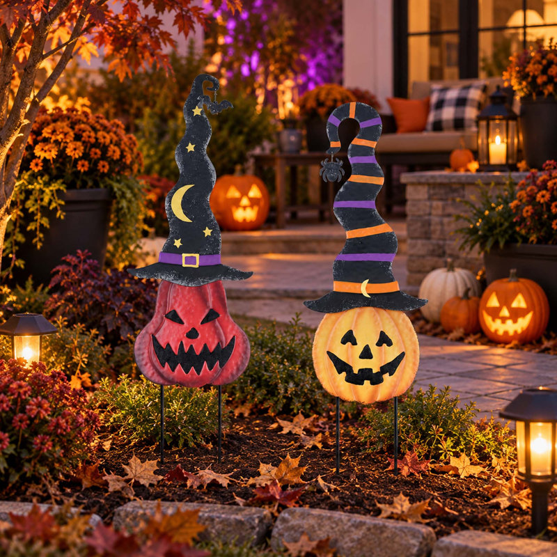 Ensemble de 2 piquets de jardin citrouille en métal avec chapeaux de sorcière pour décoration d'Halloween