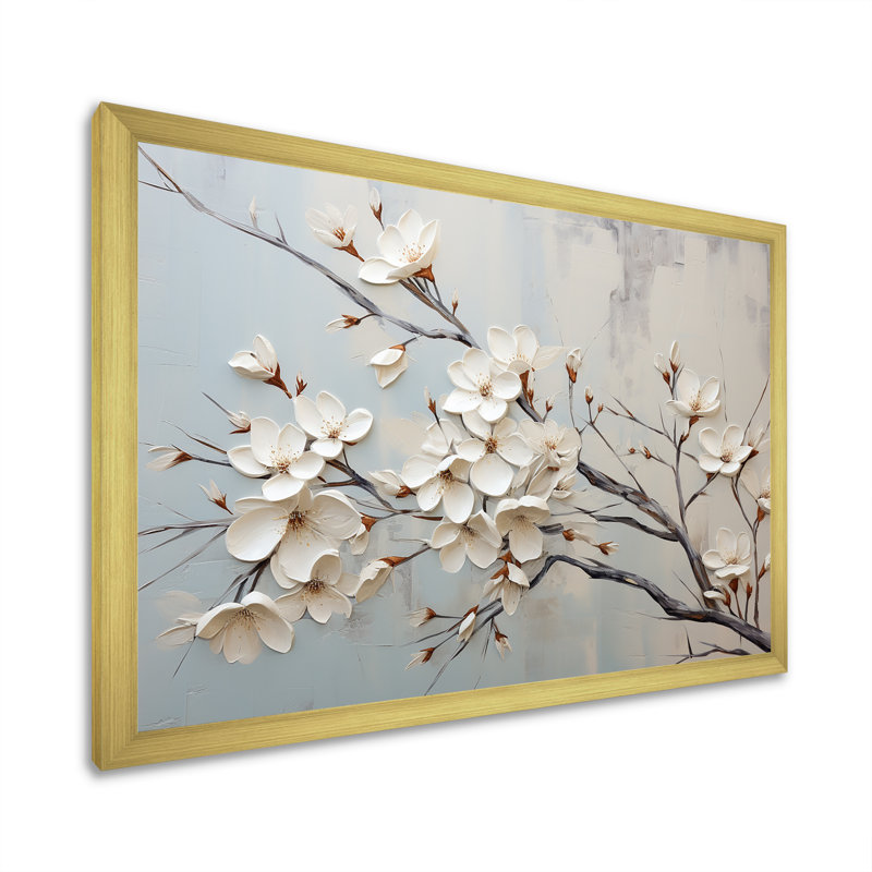 «White Dogwood Blossom Scenery III» - art mural cornouiller, H 24 po x l 32 po x P 1 po, Cadre doré à coins fermés