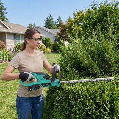 Taille-haie sans fil à haut rendement 22 po - moteur sans brosse 20 V, lames à double action, 2 piles et chargeur de 2,0 Ah, coupe-herbe de jardin léger, interrupteur de sécurité double - noir + jaune 108u