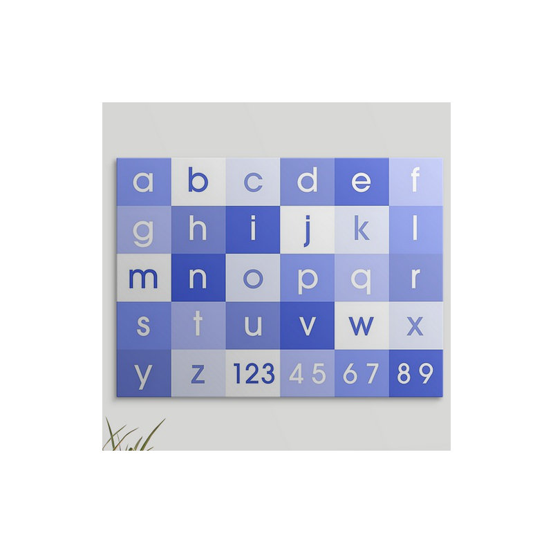 «Alphabet» par Justin, art textuel en bleu, H 18 po x l 24 po x P 1,25 po, Toile