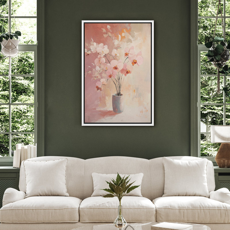 «Blush», impression sur toile fleur d'orchidée rose - doux décor botanique pour salle de bain ou coiffeuse, H 24 po x l 16 po
