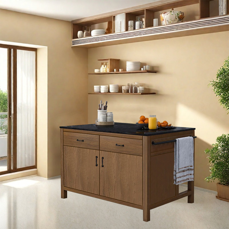Solid Wood Frame Kitchen Island with Sintered Stone Top, Drawer and Cabinet Storage