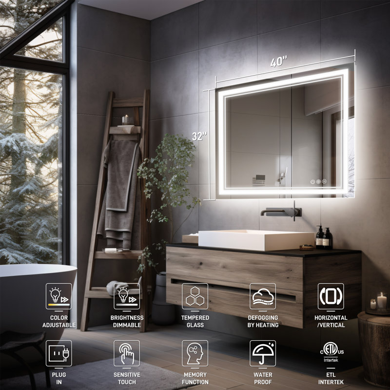 Anti Fog LED Bathroom Mirror 3 Colors Dimmable Vanity Mirror with Back and Front Lighting, 32" x 40"