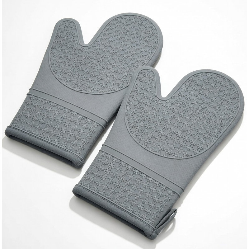 Gants de cuisson en silicone 11,6 po résistants à la chaleur avec poignée en flocon de neige et doublure en coton, Gris