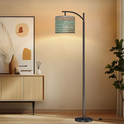 Arc Floor Lamp with Adjustable Lampshade Rustic Wooden Plank Texture Distressed Turquoise Brown Standing Lamp 3 Colour Temperatures Dimmable Tall Pole Lamp with Foot Switch for Bedroom
