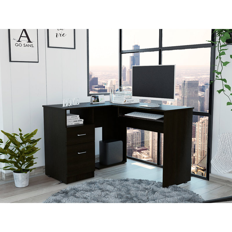 Bureau mixte en forme de L, plateau à clavier, deux tiroirs, tablette ouverte simple, Noir