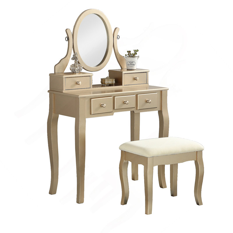 Ashley Wood Make-Up Vanity Table And Stool Set, Ashley Wood Makeup Vanity Table And Stool Set, Gold