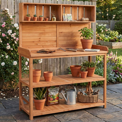 Grand banc de rempotage en bois de 65 pouces avec un design campagnard rustique pour une utilisation extérieure. Sert de poste de travail de patio ou de banc de rempotage de jardin. Comprend 4 tablettes de rangement et un crochet latéral. Finition vert forêt.