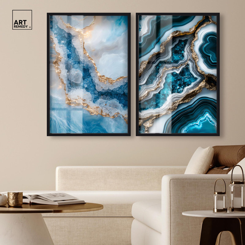«Golden Geode Luxe Set Shadowbox», art mural bleu par Art Remedy, H 37 po x l 25 po, Noir