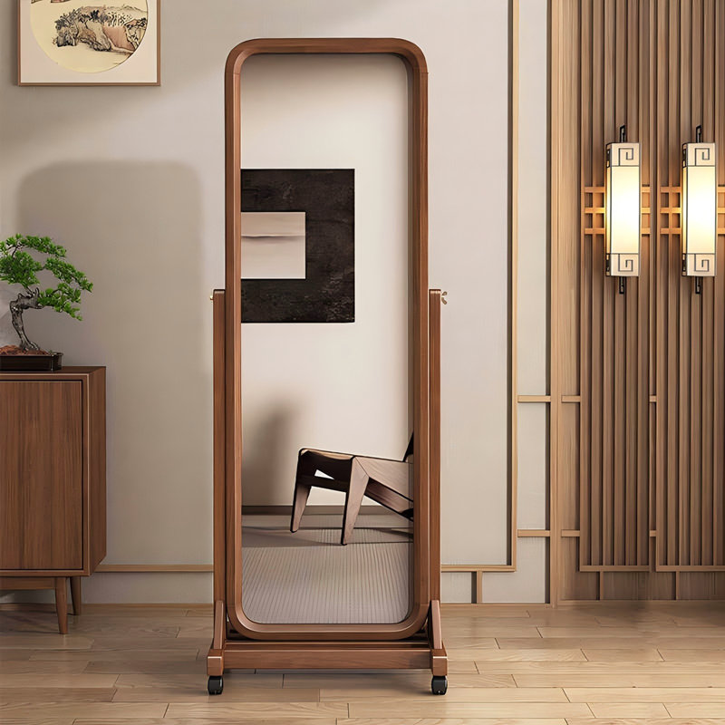 64.96"Rectangular glass mirror with brown rubberwood frame for dressing, Brown