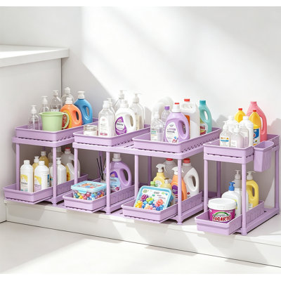Under Sink Storage Organizer 4-Pack, 2-Tier Slide Out Drawer Cabinet Shelf with Hooks
