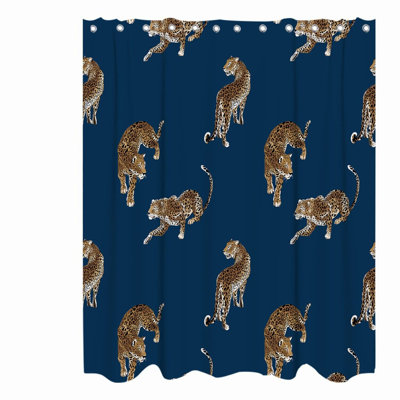 Wildlife Oasis Boho Leopard Shower Curtain Set - Tropical Forest Animal Print, Machine Washable Polyester with 12 Hooks, Brown Black Blue
