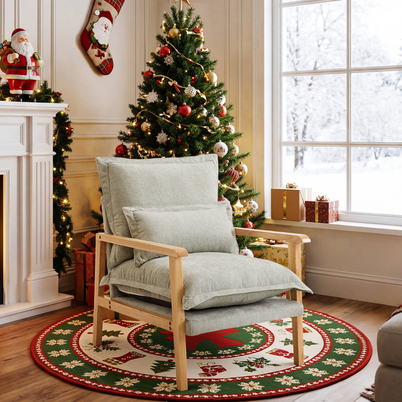 Chenille Accent Chair Armchair With Pillow, Natural Wood, Light Green