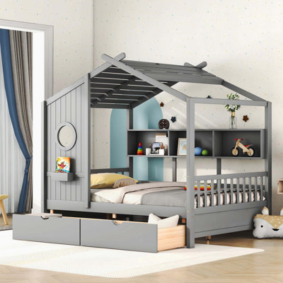 Lit double gris en bois pour enfants avec 2 tiroirs et tablette de rangement