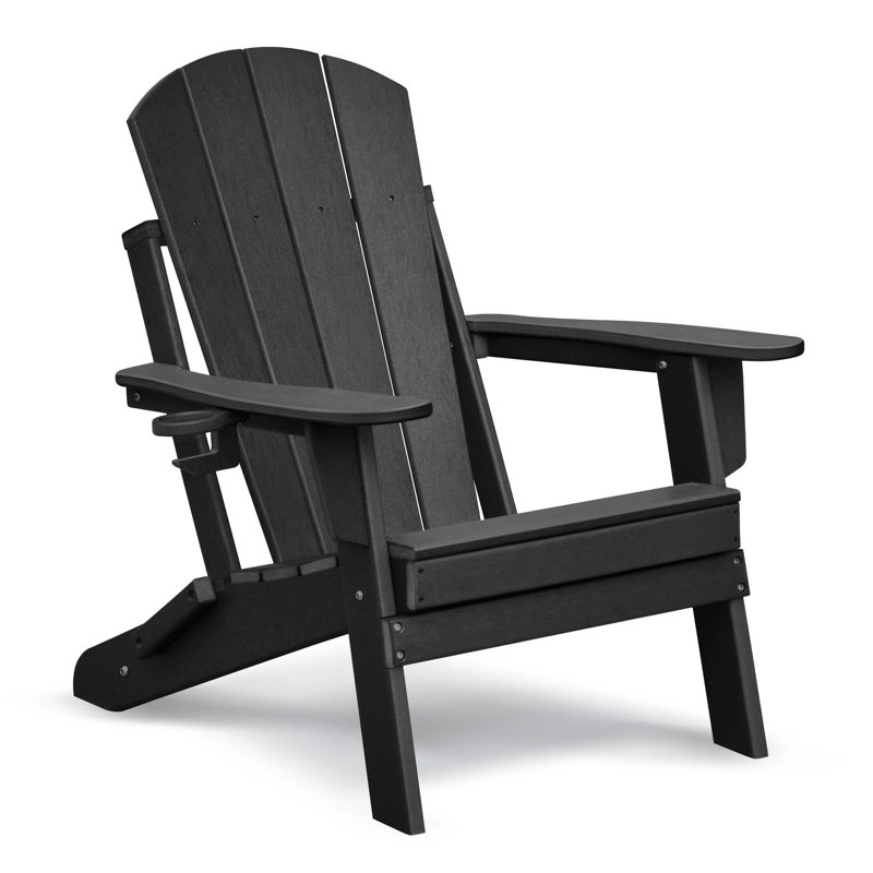 Folding Outdoor Adirondack Chair With Ottoman, HDPE All-Weather, Ergonomic Design For Patio, Deck, Garden, And Balcony, Black