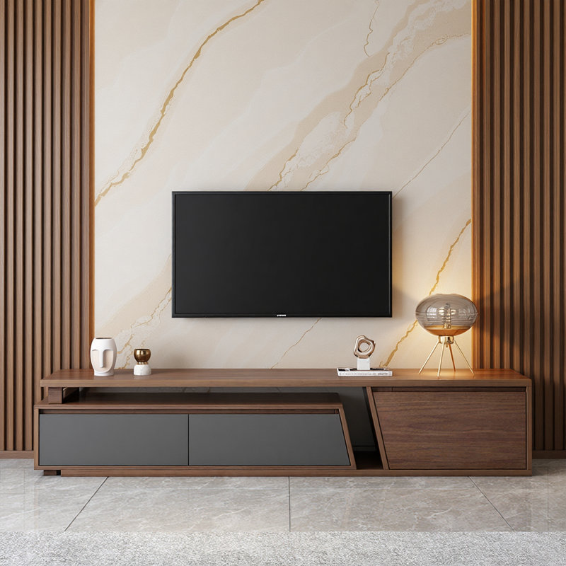 Walnut Extendable TV Stand for TVs Up to 120", Minimalist Rectangular Media Console with 3 Storage Drawers