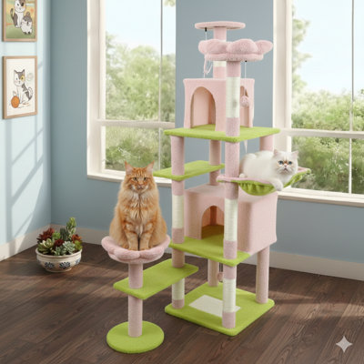 71-Inch Floral Cat Tree, Includes Large Condo, Detachable Flower-Themed Cushion, and Hammock, Pink