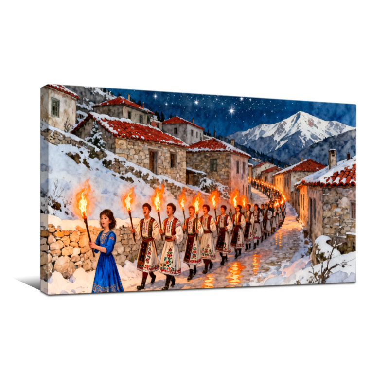Scène de nuit de Noël, village enneigé, procession de torches, H 16 po x l 32 po