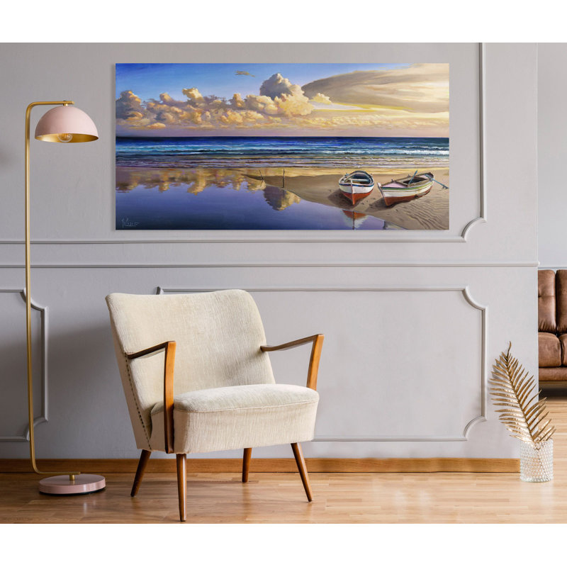 Boats on the Seashore by Adriano Galasso - Wrapped Canvas Painting Print, 70 cm H x 140 cm W