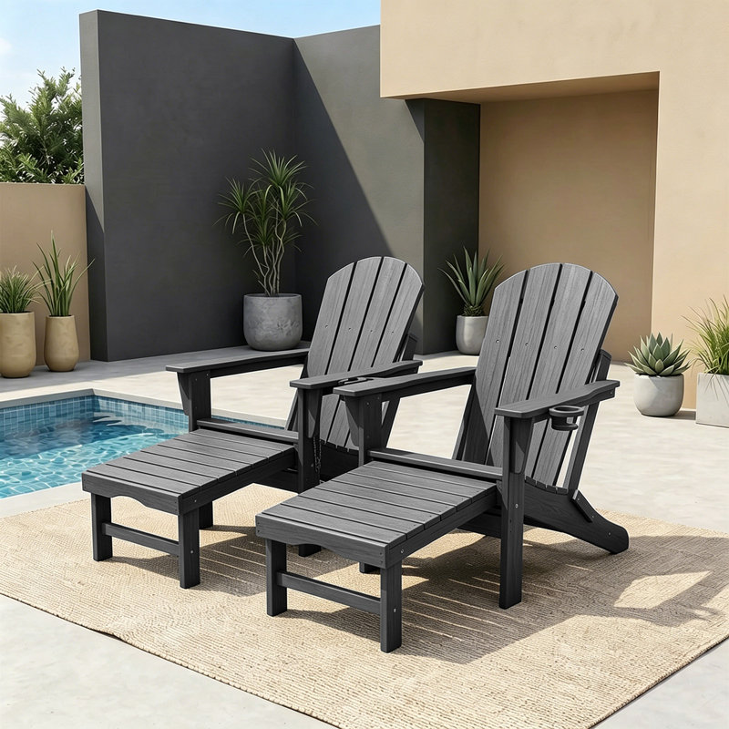HDPE Folding Adirondack Chairs with Retractable Ottoman, 5-Position Adjustable Backrest (Set of 2), Gray