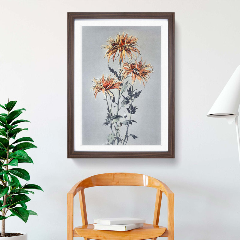 Orange Chrysanthemum Flowers by Ogawa Kazumasa - Picture Frame Painting Print, Walnut Framed, 65cm H x 48cm W x 2cm D