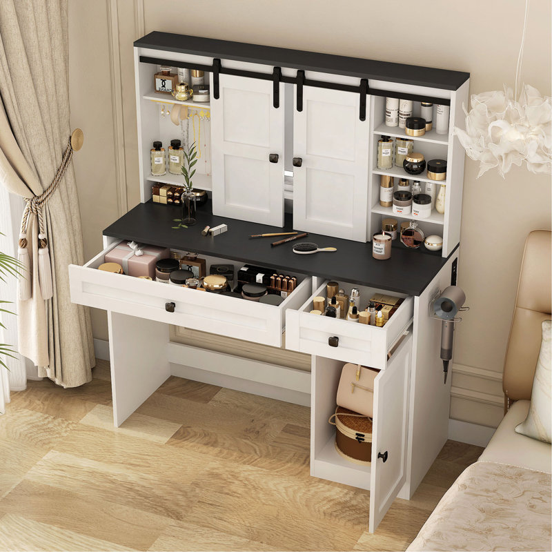 Table de maquillage Farmhouse, coiffeuse de 43 po de largeur avec miroir éclairé et tiroir de maquillage, grande coiffeuse moderne avec porte-séchoir pour chambre à coucher