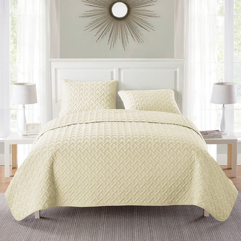 Ensemble de courtepointe à tissage de panier Nina, Couvre-lit très grand et 2 taies décoratives, Ivoire