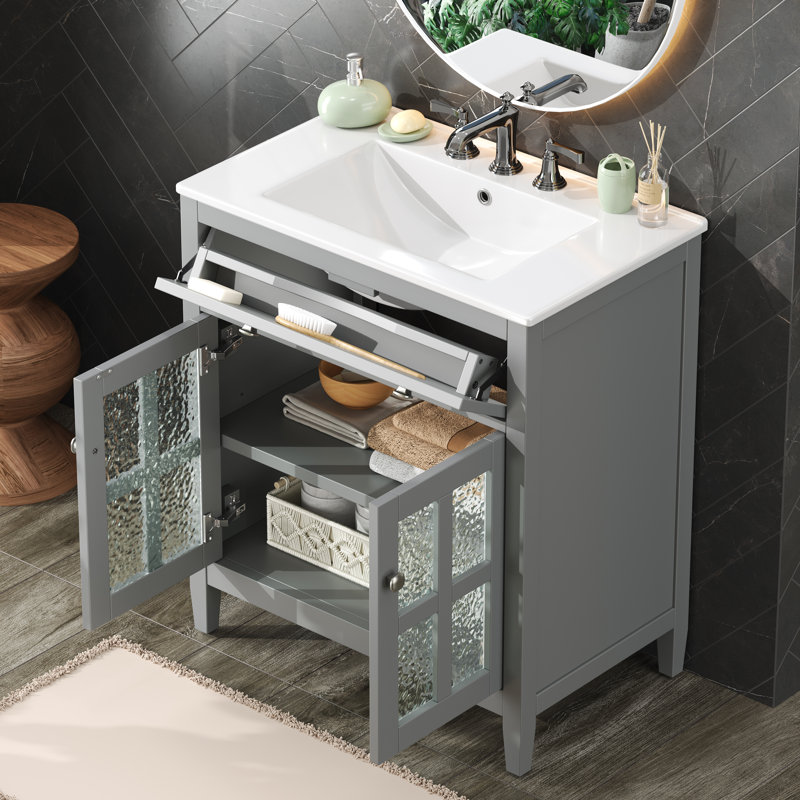 30" Bathroom Vanity With Ceramic Sink, Equipped With Adjustable Shelf And Tip-Out Tray, Bathroom Vanity With Solid Wood Legs, Silver Metal Knobs And Soft Close Hinges