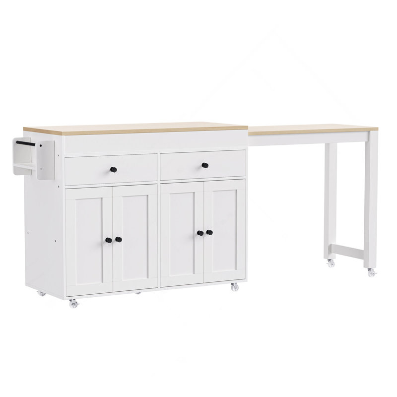 74.5 Inch Kitchen Island With Extendable Dining Table , Rolling Kitchen Island On Wheels With Spice Rack And 2 Drawers,  Kitchen Storage Cart With 4 Door Cabinet, For Kitchen, Dining Room