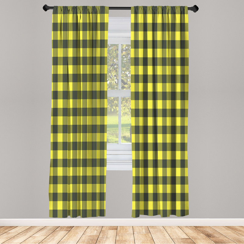 Charlton Home® Plaid Curtains, Lumberjack Buffalo Checks Art, 28" W x 63" L, Charcoal Gray/Yellow
