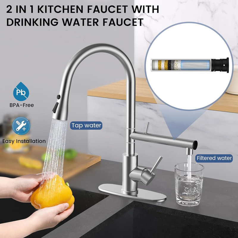 Brushed Nickel Stainless Steel Kitchen Faucet with Pull-Down Sprayer
