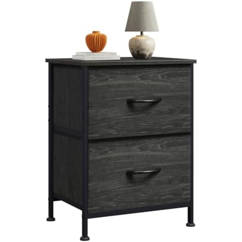 Table de chevet, petite commode avec tiroirs, commode pour la chambre à coucher avec 2 tiroirs en tissu, table de bout avec table de chevet noire, table de chevet pour dortoir, rangement pour garde-robe, imprimé grain de bois noir anthracite