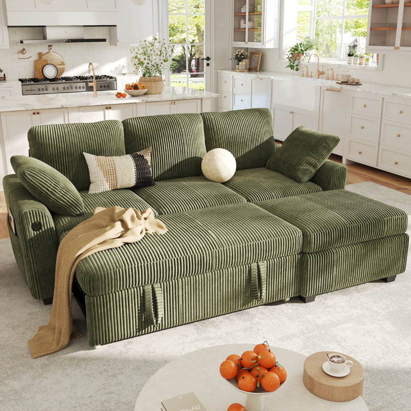 George 81" Upholstered Corduroy L Shape Modular Sectional Sleeper Sofa with Pull Out Bed and Storage Ottoman, Green