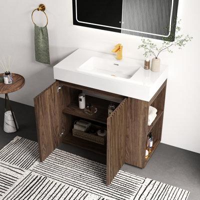 Meuble-lavabo de 36 po de style noyer, grand rangement pour salle de bain moderne, lavabo à une pièce en quartz blanc, armoire de rangement cannelée, poignées cachées, tablette ouverte à droite, tablettes réglables, embout,