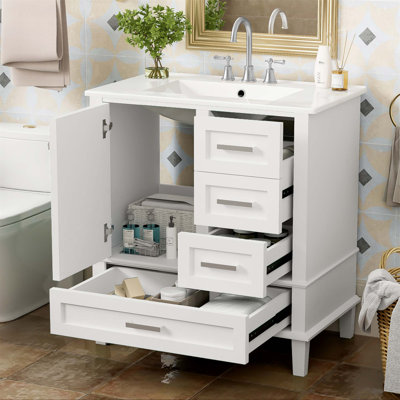 Meuble-lavabo moderne de 30 po avec lavabo, porte à fermeture douce, 3 tiroirs et structure en bois massif pour un rangement élégant