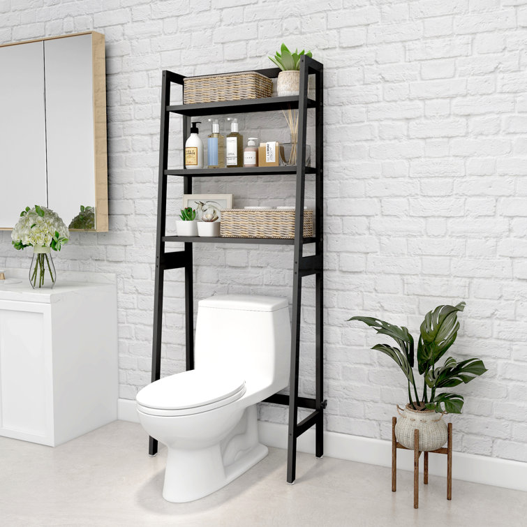 Bathroom Organizer Shelves Black Adjustable 3 Tiers Floating Shelf Over The Toilet Storage with Hanging Rod,Bamboo 17 Stories