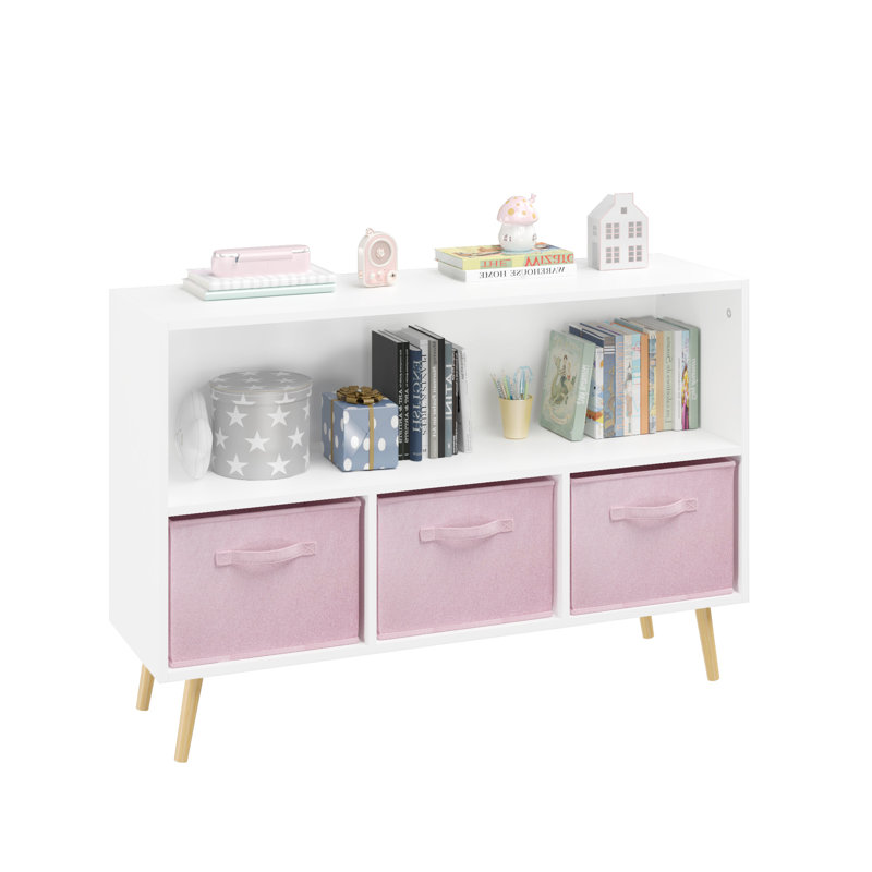 Kids Bookcase With Collapsible Fabric Drawers, White/Pink