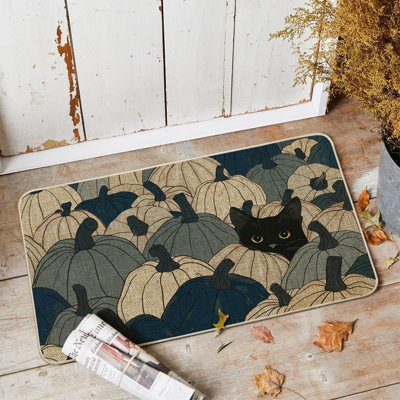Blue Black Cat Pumpkin Fall Doormat, Autumn Home Decor Low-Profile Door Mat Switch Rug Floor Mat For Indoor Outdoor 17X29 Inch