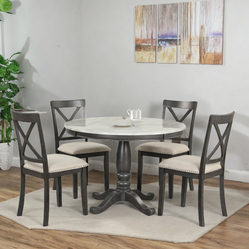 Kayelin 5 Pieces Dining Table Set Solid Wood Round Table with 4 Chairs, Gray