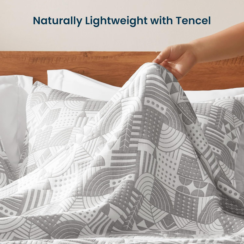 Ensemble de courtepointe en jacquard Tencel Lyocell, Motifs géométriques gris, Courtepointe simple et 1 taie décorative