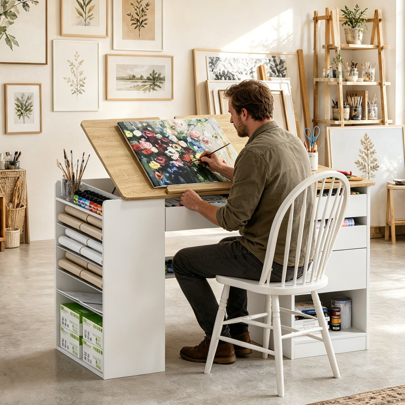 Table à dessin réglable avec rangement et tablettes amovibles, table de travail multifonctionnelle avec planche à dessin inclinable de 0 ° à 80 ° et station de charge pour dessiner, fabriquer, lire et travailler