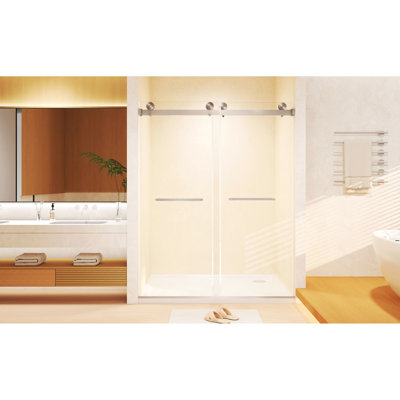 Double porte de douche coulissante de l 44 à 48 po x H 74 po, verre trempé de 8 mm, film résistant, poignée en acier inoxydable nickel brossé, conception flexible à rail carré pour une utilisation adaptable, acier inoxydable anticorrosion transparent,