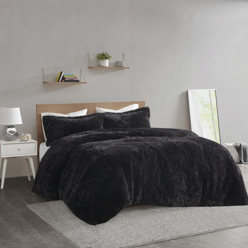 Malea Shaggy Faux Fur Ultra-Soft Duvet Cover Set, Full/Queen Duvet Cover + 2 Standard Shams, Black