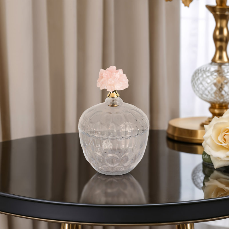 Pot décoratif en verre avec couvercle en cristal avec décoration pour la maison - Élégant grand pot de table contenant idéal pour le meuble-lavabo et la chambre à coucher - Rose et transparent