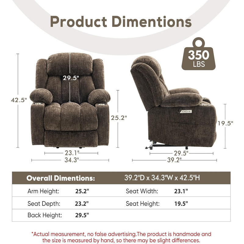 Large Power Lift Chairs Recliners With Heat And Massage, USB And Type-C, Cup Holder, Side Pocket, Upgraded Chenille, Brown