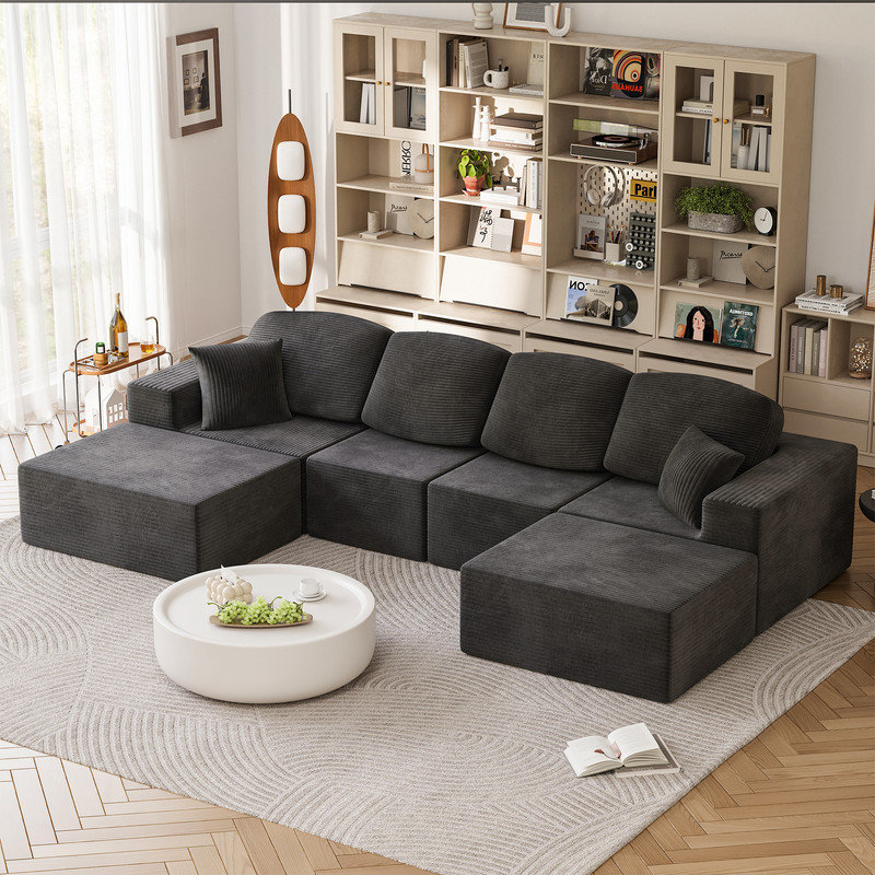 L-Shaped Modular Sectional Couch, Cloud U-Shaped Compression Sofa with Wide Armrest, Black, Black Corduroy